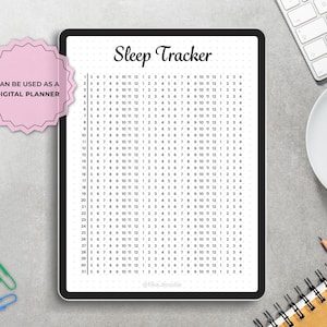May include: A digital sleep tracker displayed on a tablet, with a grid for daily sleep hours. The tablet is surrounded by office supplies, including a keyboard, coffee cup, and colorful paper clips. A pink sticker reads "CAN BE USED AS A DIGITAL PLANNER."
