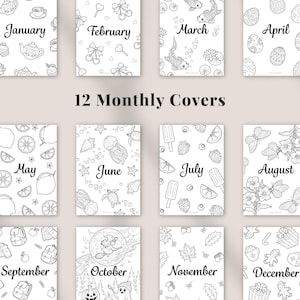 12 monthly cover pages from a 2026 printable planner bundle featuring themed black and white designs for each month, planner and bullet journal cover pages, minimalist digital planner inserts suitable for A4 Letter and A5 printing, instant digital download