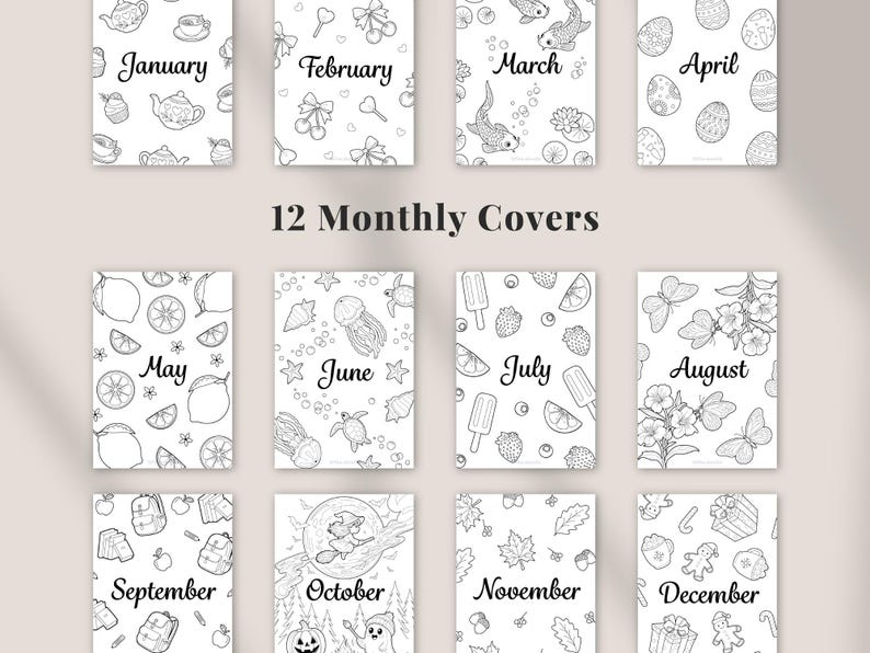 12 monthly cover pages from a 2026 printable planner bundle featuring themed black and white designs for each month, planner and bullet journal cover pages, minimalist digital planner inserts suitable for A4 Letter and A5 printing, instant digital download