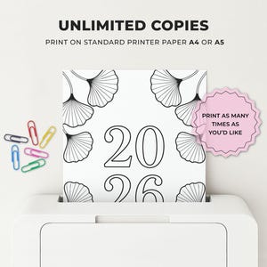 Printable bullet journal page shown printing from a home printer, highlighting unlimited copies for a digital journal download. Designed to print on standard printer paper in A4 or A5 size. Minimalist black and white 2026 bullet journal printable suitable for planners, journals, and home printing.