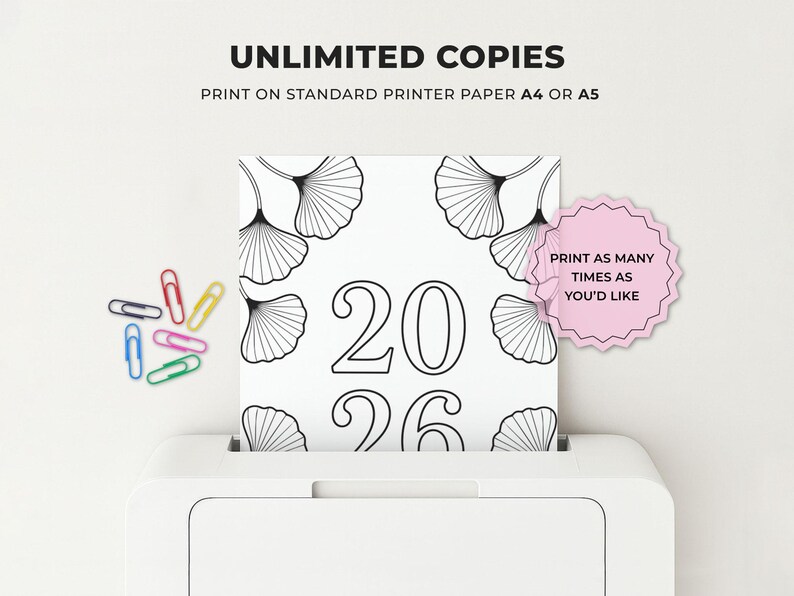 Printable bullet journal page shown printing from a home printer, highlighting unlimited copies for a digital journal download. Designed to print on standard printer paper in A4 or A5 size. Minimalist black and white 2026 bullet journal printable suitable for planners, journals, and home printing.