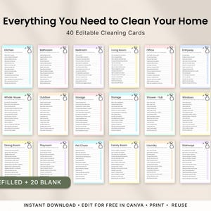 Editable printable cleaning cards bundle featuring 40 room-by-room cleaning checklists for every area of the home. Includes kitchen cleaning checklist, bathroom cleaning checklist, bedroom cleaning checklist, laundry room cleaning checklist, garage cleaning checklist, office cleaning checklist, and blank customizable cleaning cards. Canva editable instant download.