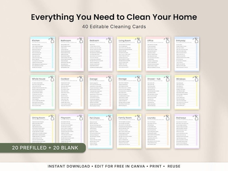 Editable printable cleaning cards bundle featuring 40 room-by-room cleaning checklists for every area of the home. Includes kitchen cleaning checklist, bathroom cleaning checklist, bedroom cleaning checklist, laundry room cleaning checklist, garage cleaning checklist, office cleaning checklist, and blank customizable cleaning cards. Canva editable instant download.