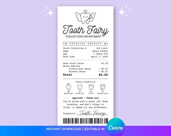 Editable Tooth Fairy Receipt Printable | Tooth Fairy Note Letter Kit, First Tooth Lost Certificate, Mini Tooth Fairy Receipt PDF