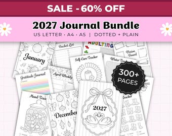 Könnte beinhalten: Ein 2027 Journal-Paket mit über 300 Seiten in den Formaten US Letter, A4 und A5 mit gepunkteten und linierten Layouts. Die Sammlung enthält verschiedene druckbare Blätter wie ein Dankbarkeitstagebuch, einen Stimmungstracker und monatliche Kalender.