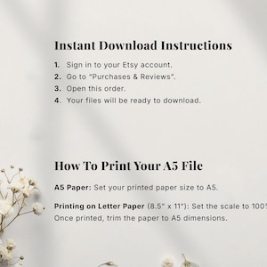 Instant Download Instructions for Printable Reading Journal – Step-by-Step Guide on How to Access Your Digital Download from Etsy and Print A5 Files at Home. Includes Instructions for Printing on A5 Paper or Letter Size (8.5 x 11 inches) at 100% Scale and Trimming to A5 Dimensions. Helpful Guide for Reading Journal Printable Bundle Buyers.