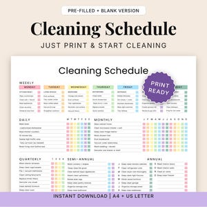 Może przedstawiać: Wydrukowany harmonogram sprzątania z pastelową kolorystyką. Harmonogram podzielony jest na zadania tygodniowe, codzienne, miesięczne, kwartalne, półroczne i roczne. Tekst "Cleaning Schedule" znajduje się na górze, a pod nim "Just Print & Start Cleaning".