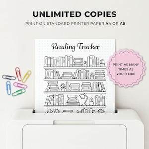 Reading tracker printable shown being printed with unlimited copies on standard A4 or A5 printer paper