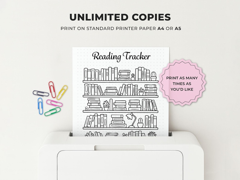 Reading tracker printable shown being printed with unlimited copies on standard A4 or A5 printer paper