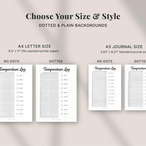 Printable 2026 planner pages showing size and style options including A4 Letter and A5 journal sizes with dotted and plain backgrounds, minimalist black and white planner and bullet journal inserts designed to fit standard printers and journals, instant digital download