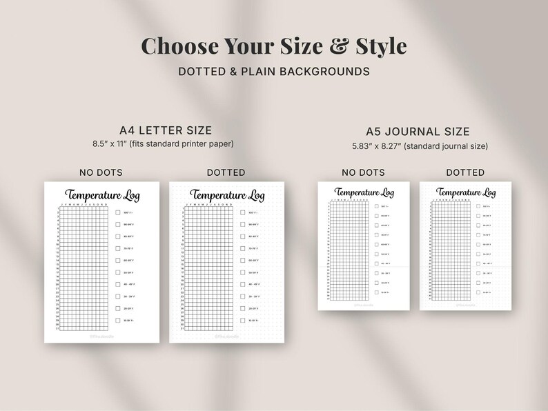 Printable 2026 planner pages showing size and style options including A4 Letter and A5 journal sizes with dotted and plain backgrounds, minimalist black and white planner and bullet journal inserts designed to fit standard printers and journals, instant digital download