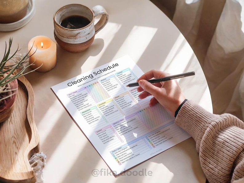 Lifestyle mockup of an ADHD cleaning planner printable PDF being used at home with a cozy morning setup, featuring a customizable cleaning schedule, daily cleaning routine tracker, and ADHD-friendly home organization system designed to reduce overwhelm and simplify household cleaning routines. Printable and digital cleaning planner editable in Canva.