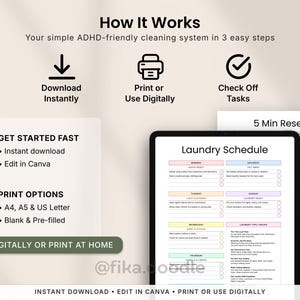How the ADHD cleaning planner works printable PDF featuring instant download, editable Canva templates, printable A4 A5 and US Letter pages, blank and pre-filled cleaning checklists, low-energy cleaning routines, laundry schedules, and 5 minute reset pages. ADHD-friendly home organization system designed for digital planning or print-at-home use.