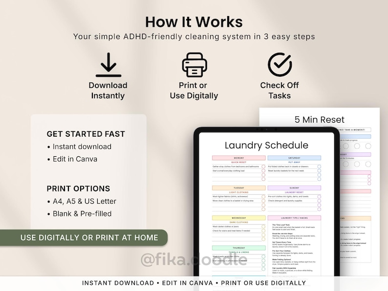How the ADHD cleaning planner works printable PDF featuring instant download, editable Canva templates, printable A4 A5 and US Letter pages, blank and pre-filled cleaning checklists, low-energy cleaning routines, laundry schedules, and 5 minute reset pages. ADHD-friendly home organization system designed for digital planning or print-at-home use.