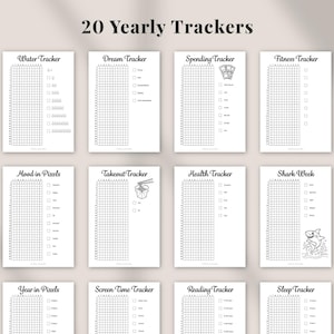 20 yearly tracker pages from a 2026 printable planner bundle including water, spending, fitness, sleep, reading, mood and habit trackers, minimalist black and white planner and bullet journal tracker pages, digital planner inserts for A4 Letter and A5 printing, instant digital download