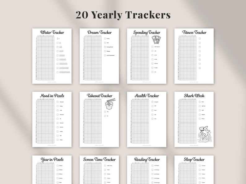 20 yearly tracker pages from a 2026 printable planner bundle including water, spending, fitness, sleep, reading, mood and habit trackers, minimalist black and white planner and bullet journal tracker pages, digital planner inserts for A4 Letter and A5 printing, instant digital download