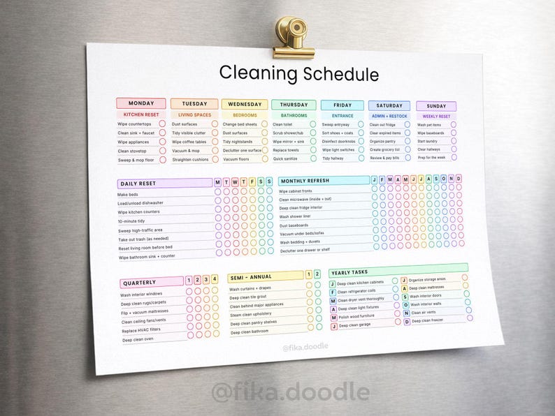 ADHD cleaning schedule printable PDF displayed on a refrigerator with daily, weekly, monthly, quarterly, and yearly cleaning routines designed to simplify home cleaning and reduce overwhelm. Includes ADHD-friendly cleaning checklists, reset routines, and step-by-step household management systems for consistent cleaning habits and home organization.