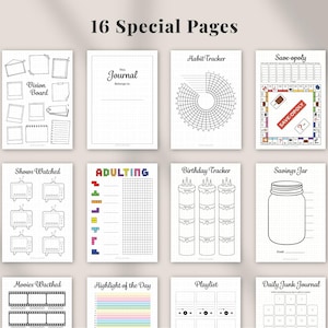 16 special pages from a 2026 printable planner bundle including vision board, habit tracker, savings tracker, birthday tracker, movies and shows watched, daily journal and fun challenge pages, minimalist black and white planner and bullet journal printables, digital planner inserts for A4 Letter and A5 sizes, instant digital download
