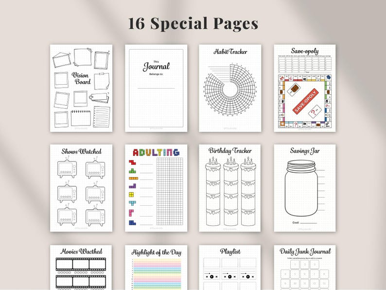 16 special pages from a 2026 printable planner bundle including vision board, habit tracker, savings tracker, birthday tracker, movies and shows watched, daily journal and fun challenge pages, minimalist black and white planner and bullet journal printables, digital planner inserts for A4 Letter and A5 sizes, instant digital download