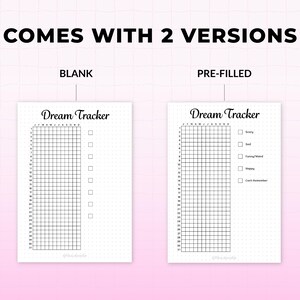 May include: Two versions of a "Dream Tracker" are shown. The text "COMES WITH 2 VERSIONS" is at the top. The left version is blank, and the right is pre-filled. Each tracker has a grid for tracking dreams, with the title "Dream Tracker".