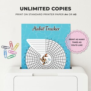 May include: A habit tracker printout with a blue background and a koi fish illustration is shown in a printer. The text "Habit Tracker" is at the top. The printout is designed for A4 or A5 paper. Colorful paper clips are scattered around.