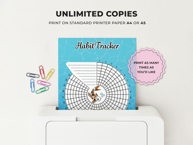 May include: A habit tracker printout with a blue background and a koi fish illustration is shown in a printer. The text "Habit Tracker" is at the top. The printout is designed for A4 or A5 paper. Colorful paper clips are scattered around.