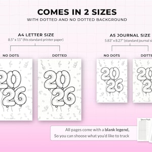 Comparison image showing bullet journal printable pages available in two sizes, A4 and A5, with dotted and no dot background options. Designed to print on standard printer paper and fit common journal sizes. Black and white 2026 bullet journal printable pages with flexible layouts and blank legends for custom tracking