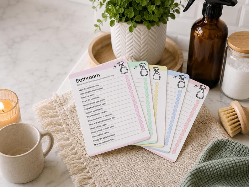 Bundle of printable cleaning cards featuring room-by-room cleaning checklists for bathrooms, kitchens, bedrooms, living rooms, and more. Editable Canva cleaning cards help organize household chores, create simple cleaning routines, and support ADHD-friendly home organization. Instant download with reusable and customizable cleaning checklists.