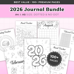 Könnte beinhalten: Eine Sammlung von schwarz-weißen Journalseiten mit verschiedenen Trackern, darunter ein Lesetracker, ein Stimmungstracker und ein Takeout-Tracker. Das Cover zeigt den Text "2026 Journal Bundle" und "100+ Premium Pages". Das Journal ist in A4- und A5-Größen erhältlich.