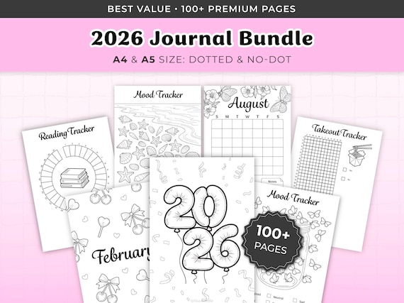 2026 Journal Bundle Printable | 2026 Bullet Journal Kit | Monthly Yearly Tracker PDF | Mood Trackers,Reading,Fitness,Habit