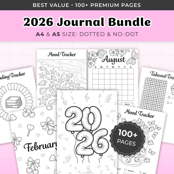 2026 Journal Bundle Printable | 2026 Bullet Journal Kit | Monthly Yearly Tracker PDF | Mood Trackers,Reading,Fitness,Habit