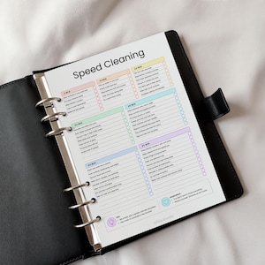 ADHD speed cleaning checklist printable PDF displayed inside a binder planner featuring 5, 10, 20, 30, 45, 60, and 90 minute cleaning sprint routines designed to reduce overwhelm and simplify household cleaning tasks. Includes ADHD-friendly cleaning schedules, low-energy cleaning systems, timed cleaning checklists, and printable home organization pages editable in Canva for digital or print use.