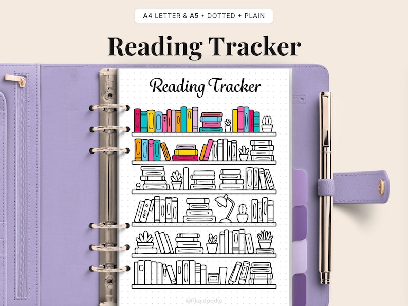 Colorful Reading Tracker printable inside lavender ring binder planner mockup, bookshelf book tracker design with pastel book spines, aesthetic reading log PDF for book lovers. A4 Letter and A5 printable, dotted and plain versions included. Book tracker printable, reading challenge page, yearly reading goals planner insert, bullet journal bookshelf tracker, instant digital download.