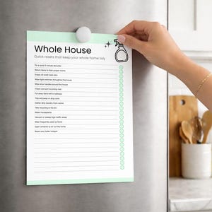 Printable cleaning card displayed on a refrigerator as a visual cleaning reminder. Room-by-room cleaning checklist designed for ADHD-friendly home organization and daily cleaning routines. Editable Canva cleaning cards can be printed, customized, and used as household chore checklists for maintaining a tidy home.