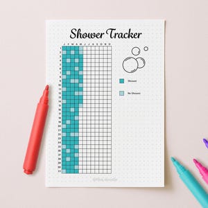 May include: A white shower tracker sheet with the title "Shower Tracker" in black script. The tracker has a grid for daily tracking, with a legend for "Shower" and "No Shower." A red marker and three other colored markers are on the pink background.