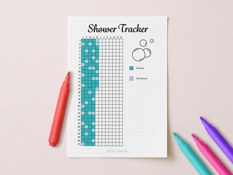 May include: A white shower tracker sheet with the title "Shower Tracker" in black script. The tracker has a grid for daily tracking, with a legend for "Shower" and "No Shower." A red marker and three other colored markers are on the pink background.