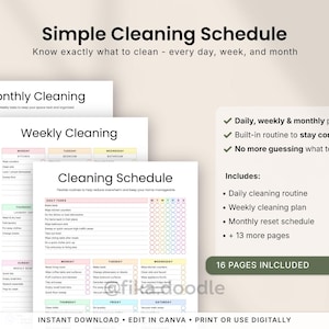 ADHD cleaning schedule printable PDF with daily, weekly, and monthly cleaning checklists designed to create simple cleaning routines and reduce overwhelm. Includes ADHD-friendly cleaning plans, reset schedules, home organization pages, and easy-to-follow cleaning systems for consistent household maintenance. Editable in Canva and printable in A4, A5, and US Letter sizes.