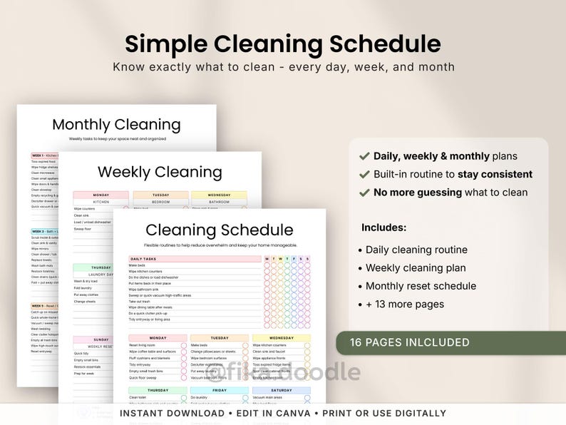 ADHD cleaning schedule printable PDF with daily, weekly, and monthly cleaning checklists designed to create simple cleaning routines and reduce overwhelm. Includes ADHD-friendly cleaning plans, reset schedules, home organization pages, and easy-to-follow cleaning systems for consistent household maintenance. Editable in Canva and printable in A4, A5, and US Letter sizes.