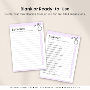Editable cleaning cards available in both blank and pre-filled versions. Create your own custom cleaning checklists or use ready-made room-by-room cleaning tasks. Printable Canva cleaning cards designed for ADHD-friendly home organization, instant download, unlimited printing, and reusable cleaning routines.