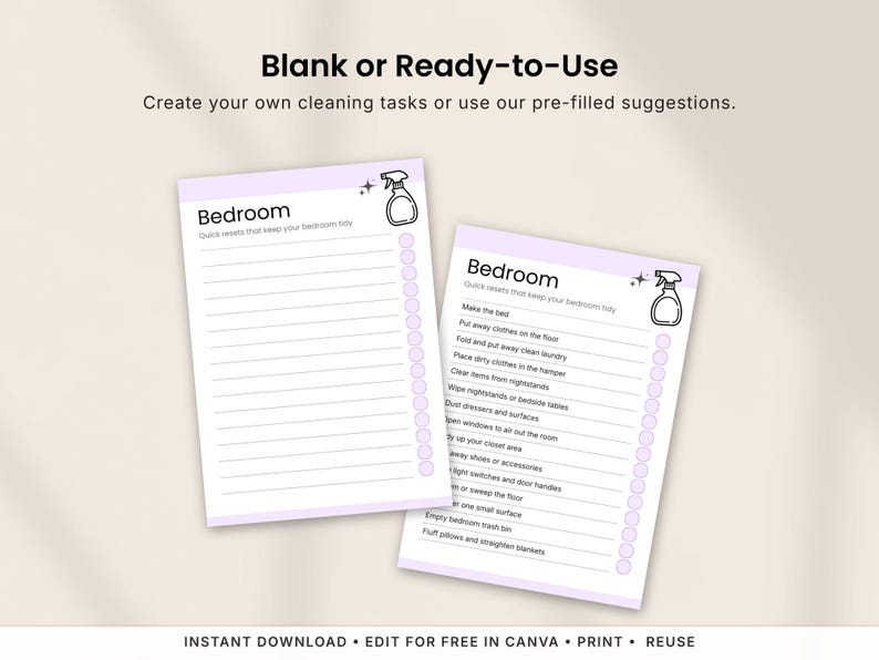 Editable cleaning cards available in both blank and pre-filled versions. Create your own custom cleaning checklists or use ready-made room-by-room cleaning tasks. Printable Canva cleaning cards designed for ADHD-friendly home organization, instant download, unlimited printing, and reusable cleaning routines.