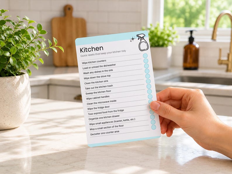 Printable kitchen cleaning card featuring a room-by-room cleaning checklist designed to simplify household chores. ADHD-friendly cleaning card helps break cleaning into manageable tasks and can be customized in Canva, printed at home, laminated, and reused as part of a home organization system.