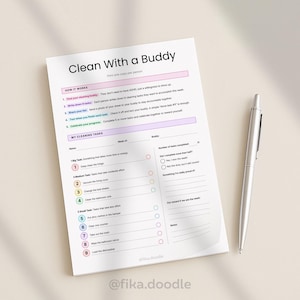 ADHD body doubling cleaning printable PDF featuring a clean with a buddy accountability worksheet designed to help overwhelmed adults stay motivated and complete cleaning tasks together. Includes ADHD-friendly cleaning support, task tracking, motivation prompts, and low-pressure cleaning systems for improving focus, consistency, and household routines.