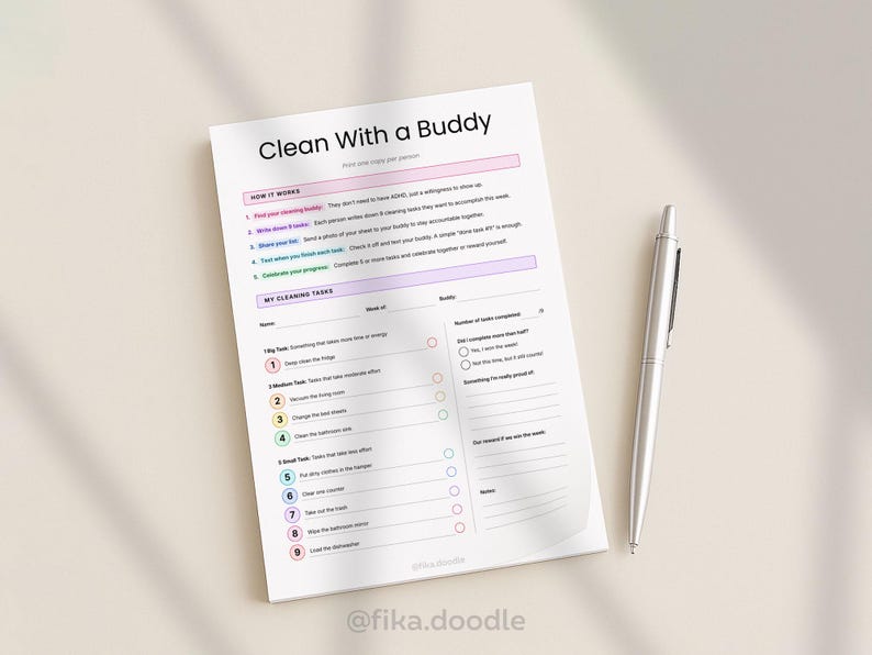 ADHD body doubling cleaning printable PDF featuring a clean with a buddy accountability worksheet designed to help overwhelmed adults stay motivated and complete cleaning tasks together. Includes ADHD-friendly cleaning support, task tracking, motivation prompts, and low-pressure cleaning systems for improving focus, consistency, and household routines.