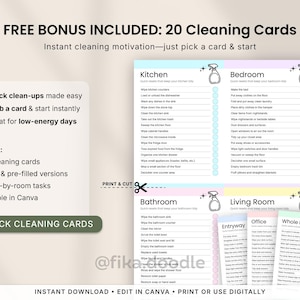 ADHD cleaning cards printable PDF with quick room-by-room cleaning task cards for kitchen, bedroom, bathroom, living room, office, and whole house cleaning. Includes low-energy cleaning motivation tools, editable Canva templates, blank and pre-filled cleaning cards, and easy grab-and-go cleaning prompts designed to help overwhelmed adults start cleaning quickly.