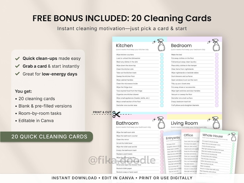 ADHD cleaning cards printable PDF with quick room-by-room cleaning task cards for kitchen, bedroom, bathroom, living room, office, and whole house cleaning. Includes low-energy cleaning motivation tools, editable Canva templates, blank and pre-filled cleaning cards, and easy grab-and-go cleaning prompts designed to help overwhelmed adults start cleaning quickly.