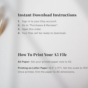 Instant download instructions for a 2026 printable planner showing how to access files on Etsy and print A5 planner pages, including guidance for printing on A5 paper or standard Letter paper and trimming to size, planner and bullet journal printable instructions