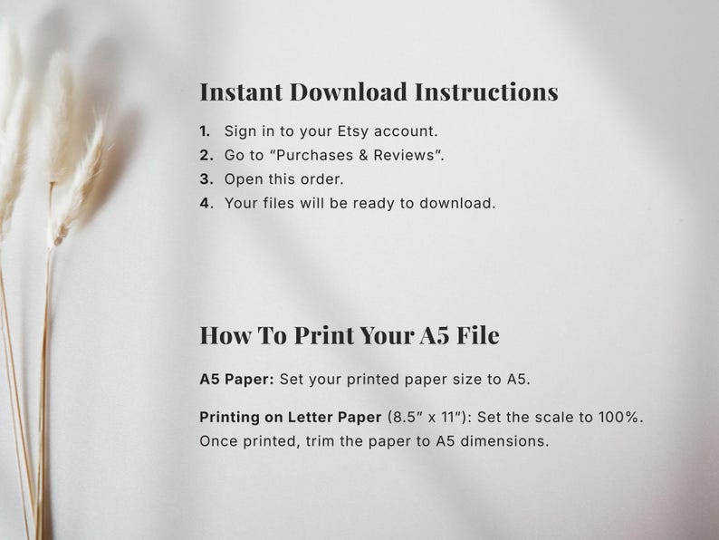 Instant download instructions for a 2026 printable planner showing how to access files on Etsy and print A5 planner pages, including guidance for printing on A5 paper or standard Letter paper and trimming to size, planner and bullet journal printable instructions
