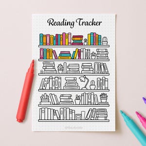 Bookshelf reading tracker printable shown as a colorable journal page with markers, designed for tracking books read in bullet journals, planners, or printable reading logs