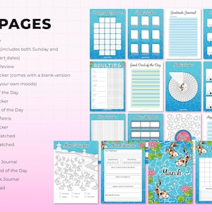 May include: A planner with 16 pages, including a title page, calendar, monthly review, mood tracker, doodle of the day, habit tracker, and more. The pages feature blue and white designs with koi fish illustrations and the word "March".