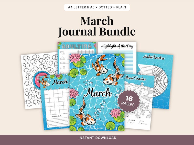 Koi Fish March Journal Bundle | Printable Planner Pages (Digital Download A4/A5 Size) image 1